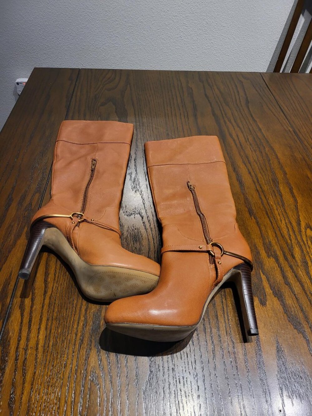 Isola Tan Cognac Leather Knee-High Harness Boots Stiletto Heel Size 8.5